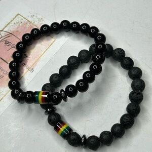 Black Onyx & Lava Bead Bracelet Set w/ Rasta Accent